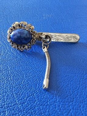 Vintage Estate King's Key Finder Los Angeles Blue Cabochon Silver Tie Tack